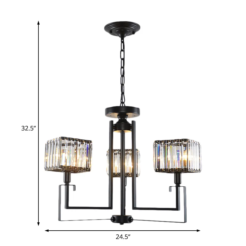 Zwarte vierkante hangende kroonluchter Retro kristal 3/6 lampen hangende hanglamp Clearhalo