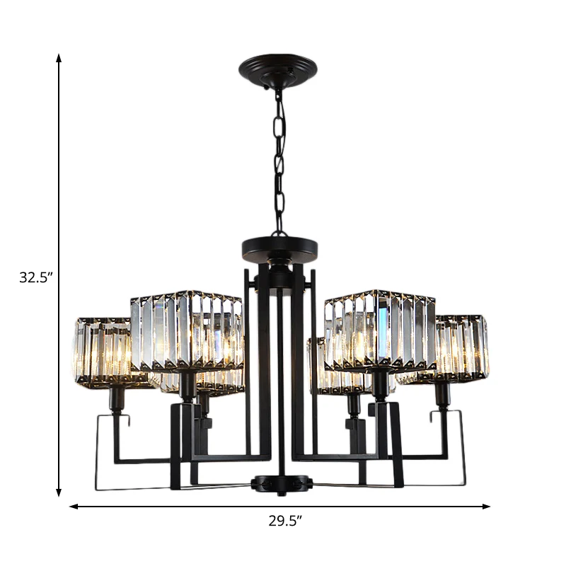 Zwarte vierkante hangende kroonluchter Retro kristal 3/6 lampen hangende hanglamp Clearhalo