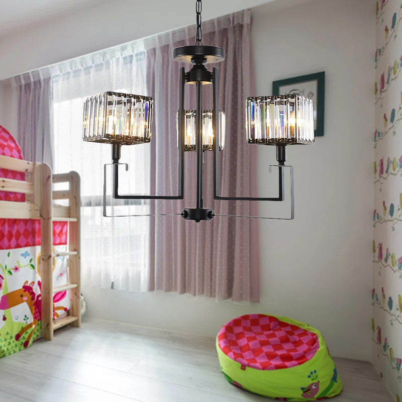 Zwarte vierkante hangende kroonluchter Retro kristal 3/6 lampen hangende hanglamp Clearhalo