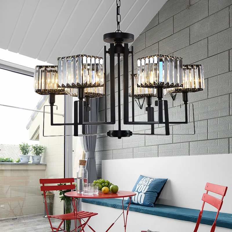 Zwarte vierkante hangende kroonluchter Retro kristal 3/6 lampen hangende hanglamp Clearhalo