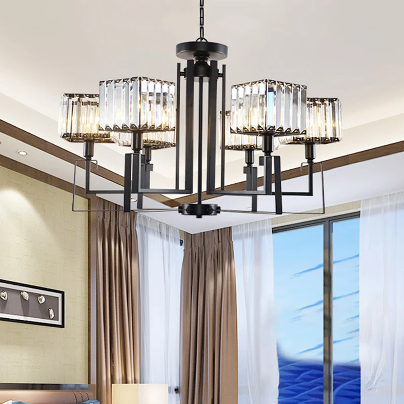 Zwarte vierkante hangende kroonluchter Retro kristal 3/6 lampen hangende hanglamp Clearhalo