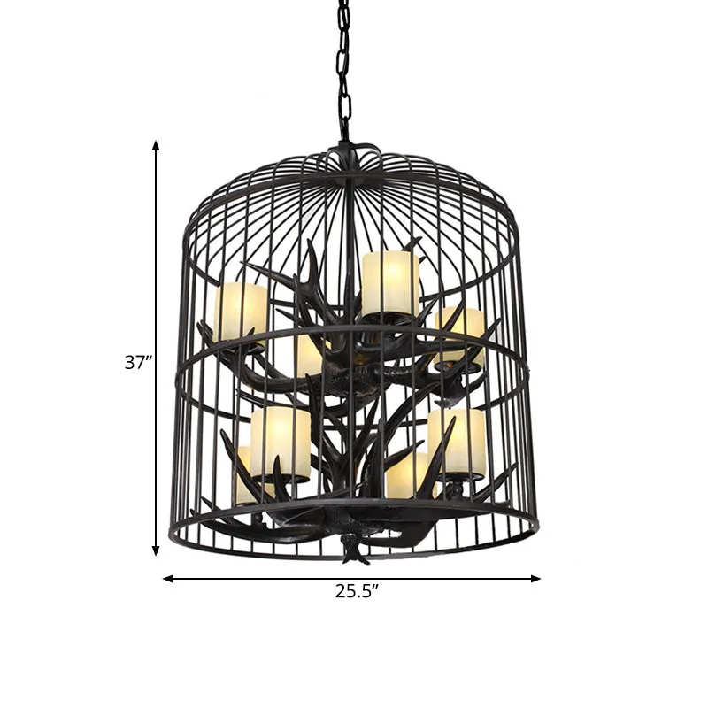 Zwarte vogelkooi hangende kroonluchter Traditionele metalen 8-koppige eetkamer hangende plafondlamp Clearhalo