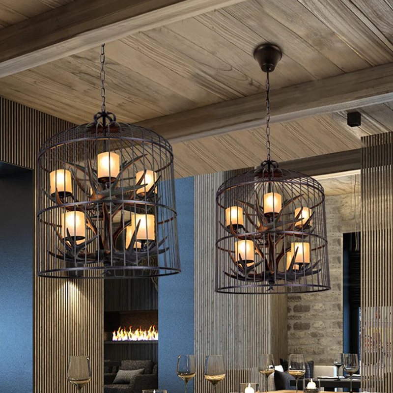 Zwarte vogelkooi hangende kroonluchter Traditionele metalen 8-koppige eetkamer hangende plafondlamp Clearhalo