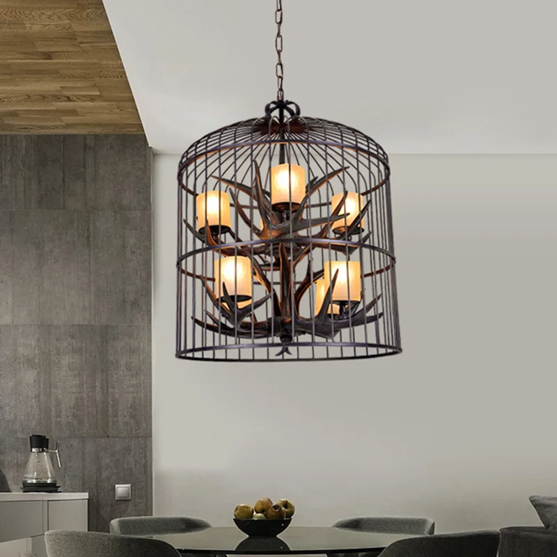 Zwarte vogelkooi hangende kroonluchter Traditionele metalen 8-koppige eetkamer hangende plafondlamp Clearhalo
