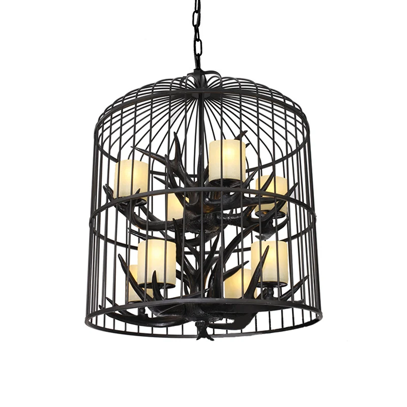 Zwarte vogelkooi hangende kroonluchter Traditionele metalen 8-koppige eetkamer hangende plafondlamp Clearhalo