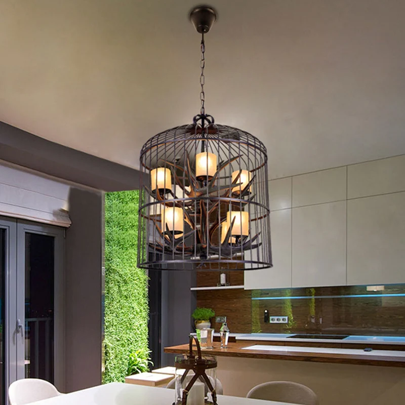 Zwarte vogelkooi hangende kroonluchter Traditionele metalen 8-koppige eetkamer hangende plafondlamp Clearhalo