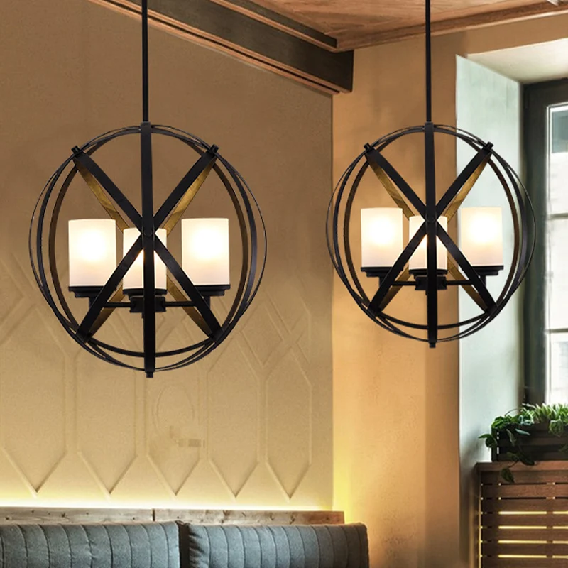 Zwarte X-Brace kroonluchterlamp magazijnijzer 3 lampen restaurant hangende hanglamp met pijler melkglas kap Clearhalo