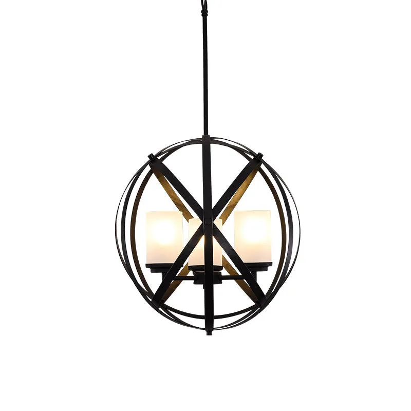 Zwarte X-Brace kroonluchterlamp magazijnijzer 3 lampen restaurant hangende hanglamp met pijler melkglas kap Clearhalo