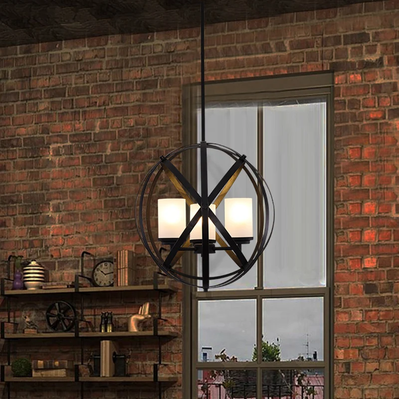 Zwarte X-Brace kroonluchterlamp magazijnijzer 3 lampen restaurant hangende hanglamp met pijler melkglas kap Clearhalo