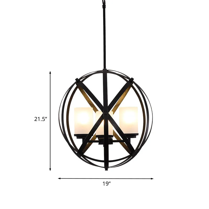 Zwarte X-Brace kroonluchterlamp magazijnijzer 3 lampen restaurant hangende hanglamp met pijler melkglas kap Clearhalo