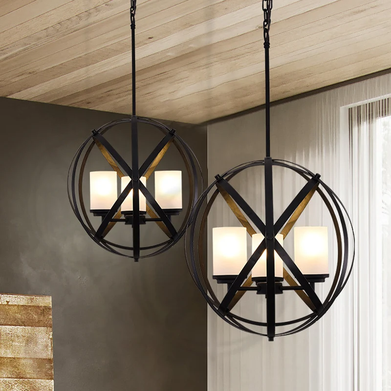 Zwarte X-Brace kroonluchterlamp magazijnijzer 3 lampen restaurant hangende hanglamp met pijler melkglas kap Clearhalo