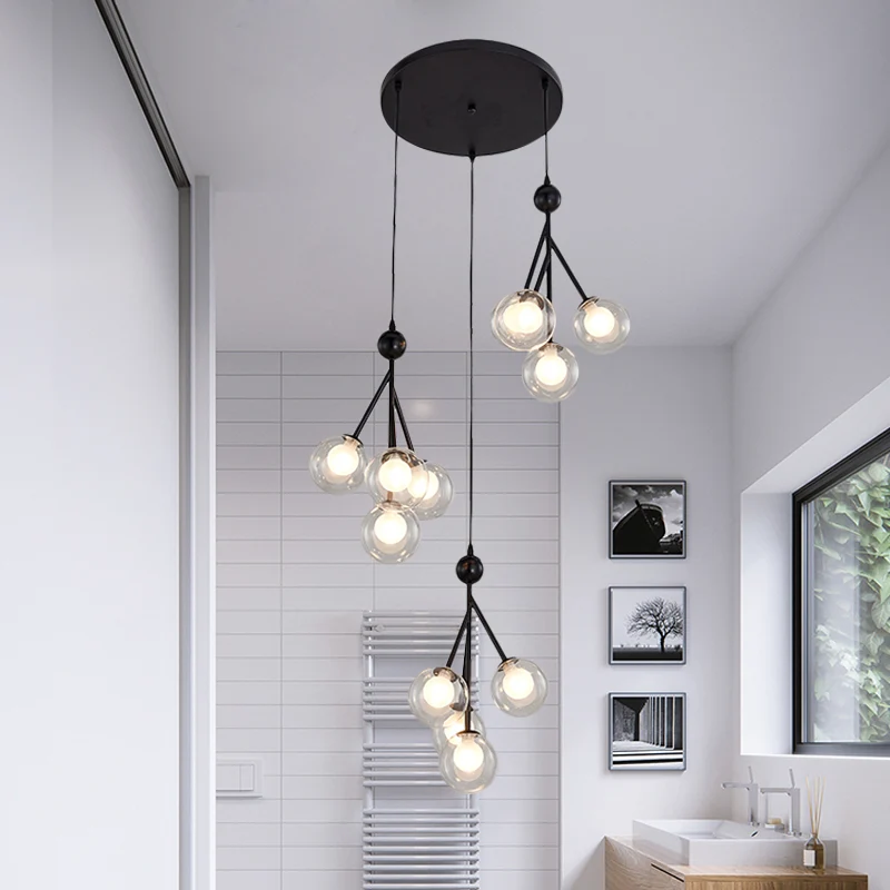 Zwart/Goud 12 Lampen Multi Licht Hanger Modern Helder/Amber/Rook Grijs Glazen Bol LED Hanglamp Armatuur Clearhalo