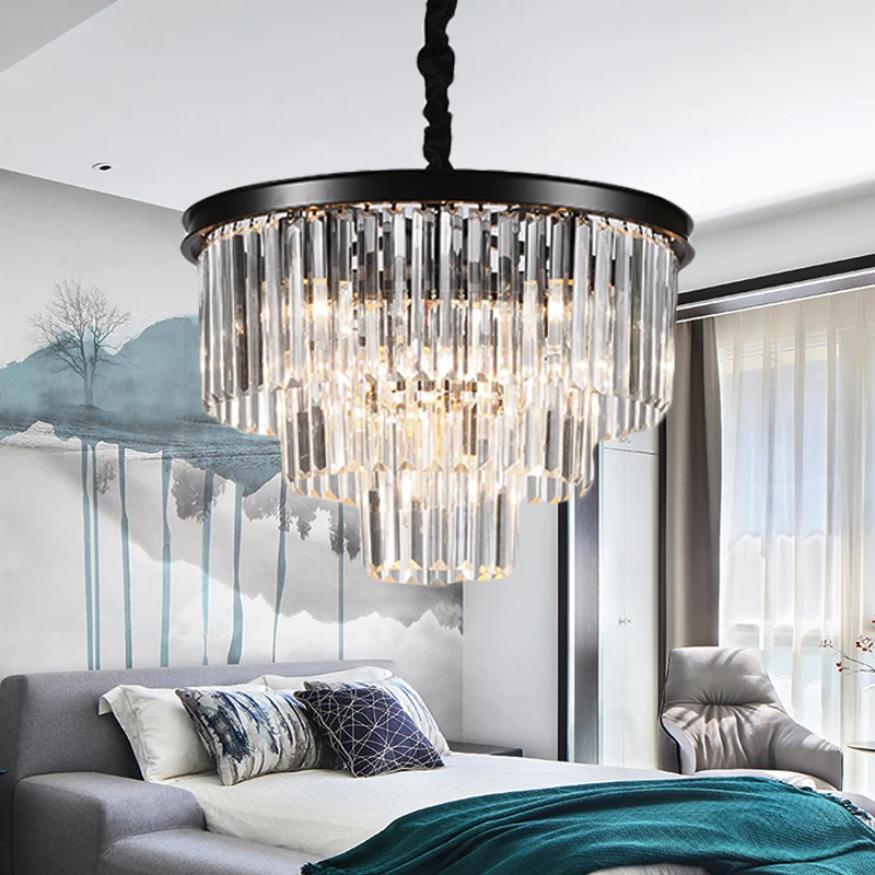 Zwart/goud verstelbare taps toelopende kroonluchterlamp minimalistische 6/9/15-lichts kristallen hanglamp, 19,5"/23,5"/31,...