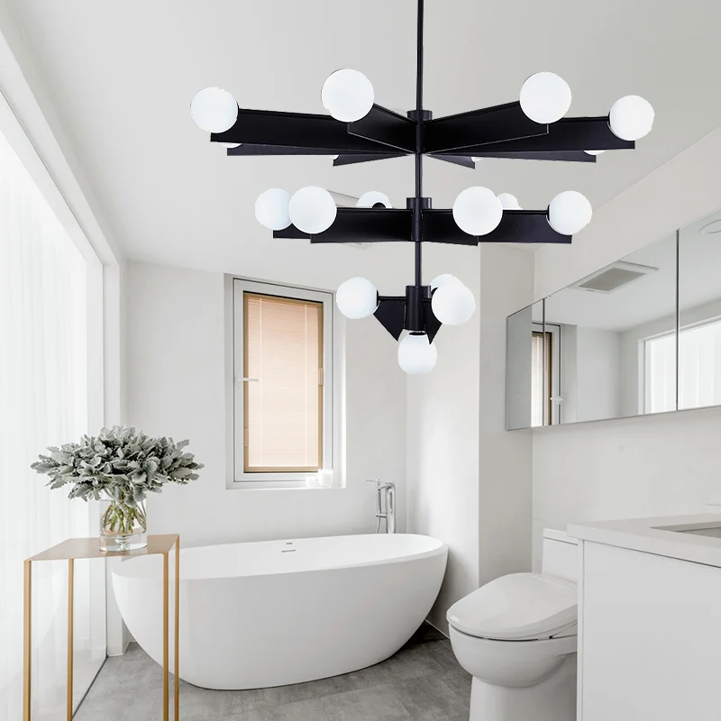 Zwart/Gouden Afwerking Tiers Kroonluchter Verlichting Moderne 10/18 Lichten Metalen Hanglamp met Matglazen Bolkap Clearhalo