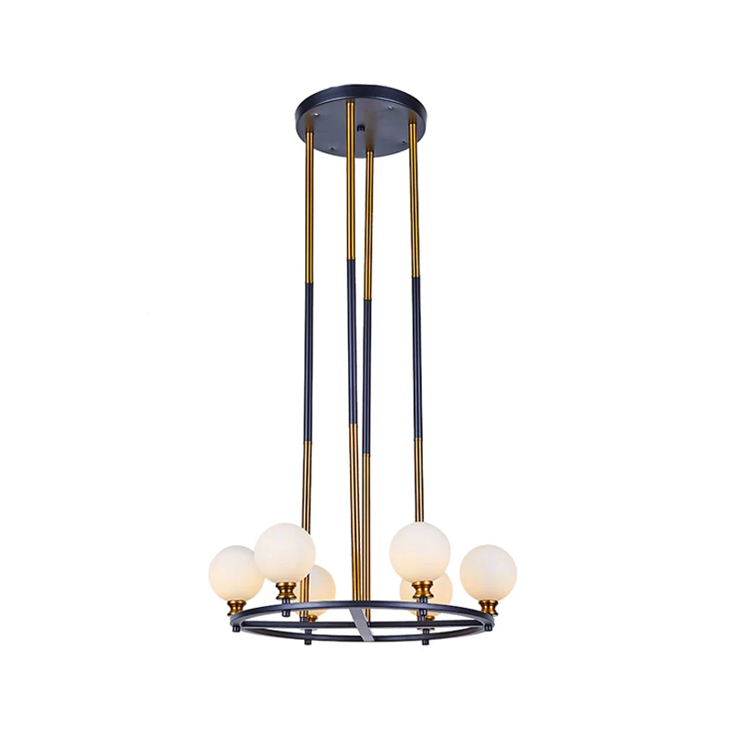 Zwart-gouden bolvormige plafondkroonluchter Scandinavische stijl, 6/8 lichts, matglazen druppelhanger met ringontwerp Clea...