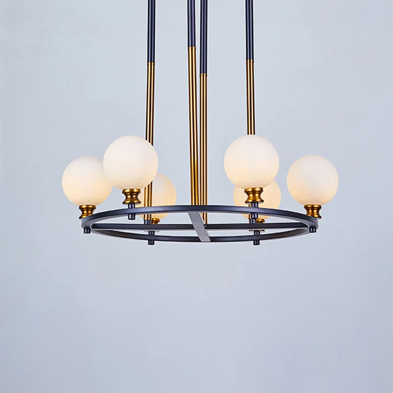 Zwart-gouden bolvormige plafondkroonluchter Scandinavische stijl, 6/8 lichts, matglazen druppelhanger met ringontwerp Clea...