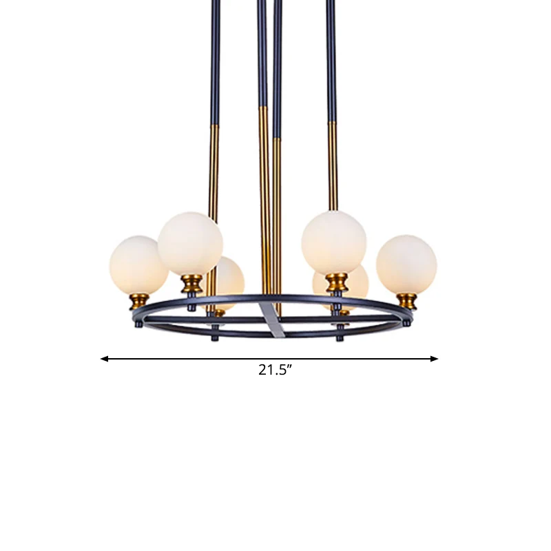 Zwart-gouden bolvormige plafondkroonluchter Scandinavische stijl, 6/8 lichts, matglazen druppelhanger met ringontwerp Clea...
