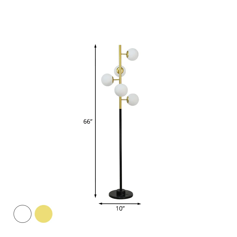 Zwart-gouden boomvloerlamp Simplicity, metalen staande lamp met 5 lampen en beige/melkwitte glazen kap Clearhalo