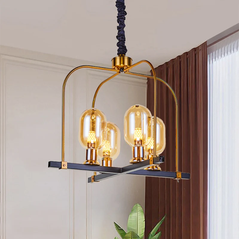 Zwart-gouden ovale hanglamp minimalisme 4-kops amberkleurige glazen plafondkroonluchter met metalen vierkant frame Clearhalo