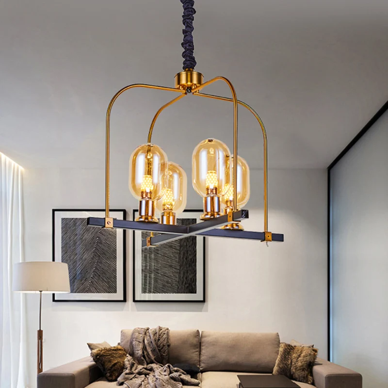 Zwart-gouden ovale hanglamp minimalisme 4-kops amberkleurige glazen plafondkroonluchter met metalen vierkant frame Clearhalo
