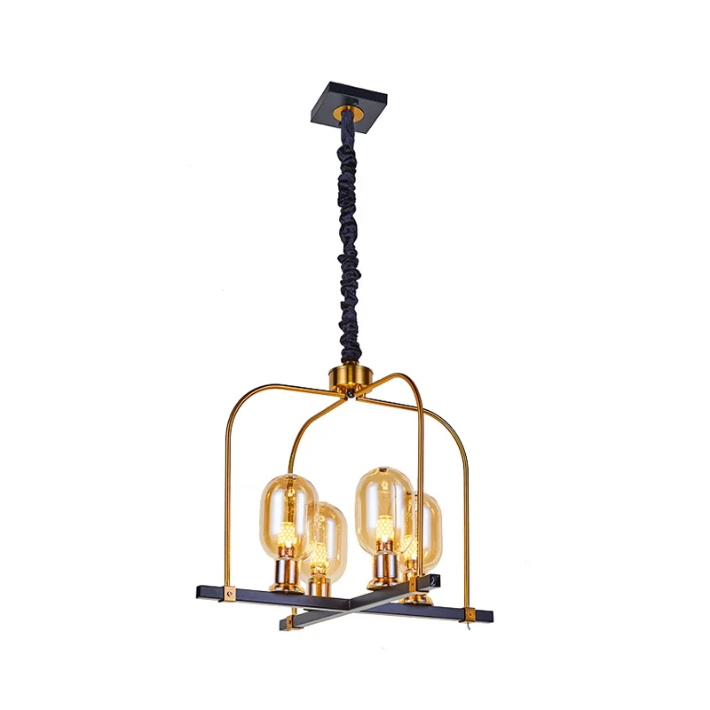 Zwart-gouden ovale hanglamp minimalisme 4-kops amberkleurige glazen plafondkroonluchter met metalen vierkant frame Clearhalo