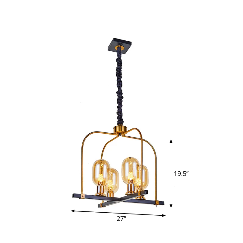 Zwart-gouden ovale hanglamp minimalisme 4-kops amberkleurige glazen plafondkroonluchter met metalen vierkant frame Clearhalo