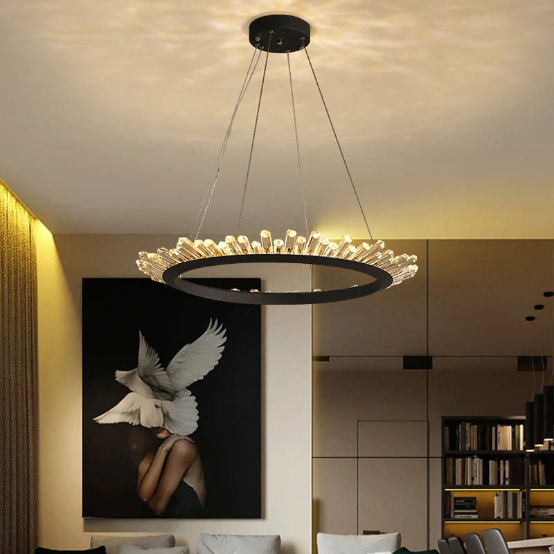 Zwart/Gouden Ring Hangende Kroonluchter Moderne Kristallen Accent LED Hanglamp Wit/Warm Licht voor Woonkamer, 19,5"/23,5"...