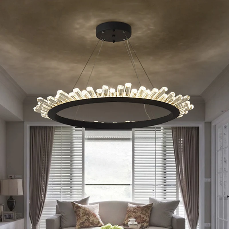 Zwart/Gouden Ring Hangende Kroonluchter Moderne Kristallen Accent LED Hanglamp Wit/Warm Licht voor Woonkamer, 19,5"/23,5"...