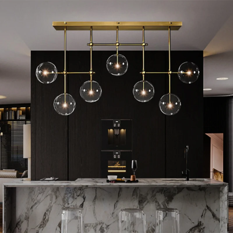 Zwart/Gouden Sphere Island Lighting Nordic Helder Glas 7 Lampen Hanglampenset voor Woonkamer Clearhalo