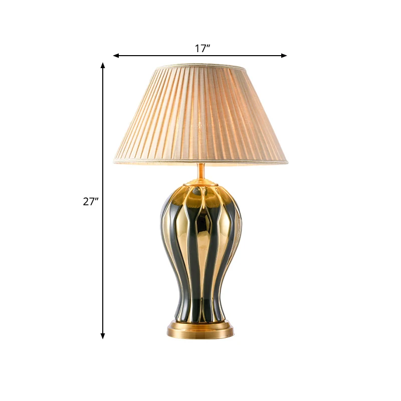 Zwart-gouden vaasontwerp voet bureaulamp retro porselein 1-lichts studeerkamer nachttafellamp met conische stoffen kap Cle...
