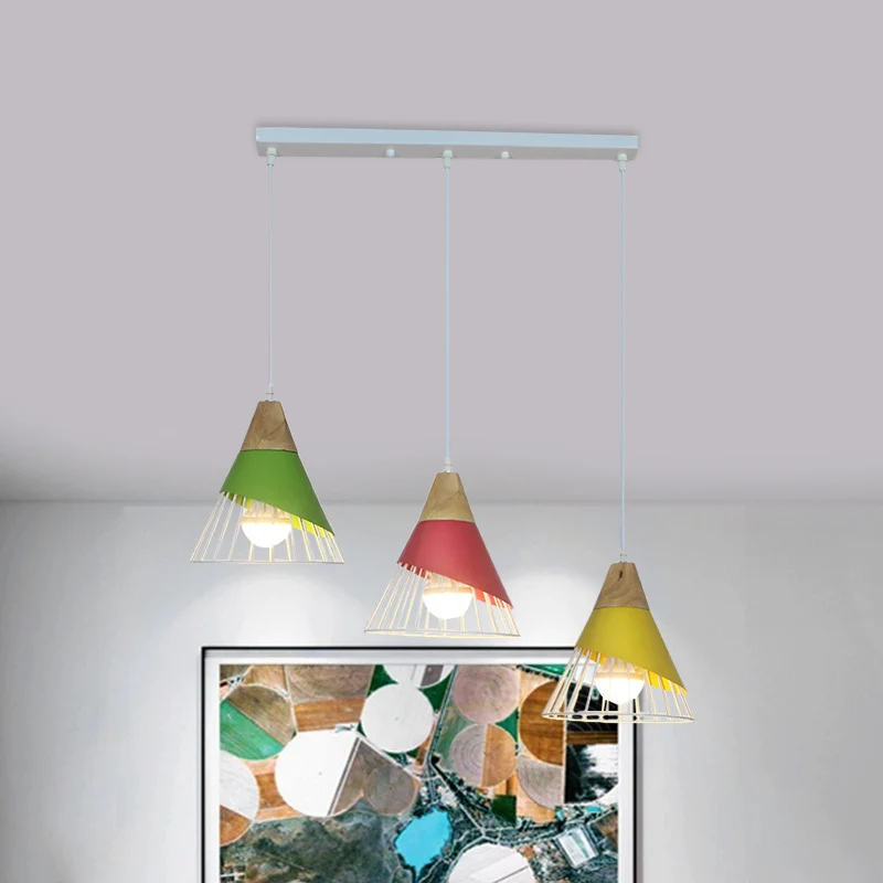 Zwart/Groene Kegel Hanglamp Industrieel Metaal 3 Hoofden Woonkamer Hangend Plafondlamp met Draadframe en Lineaire/Ronde Lu...