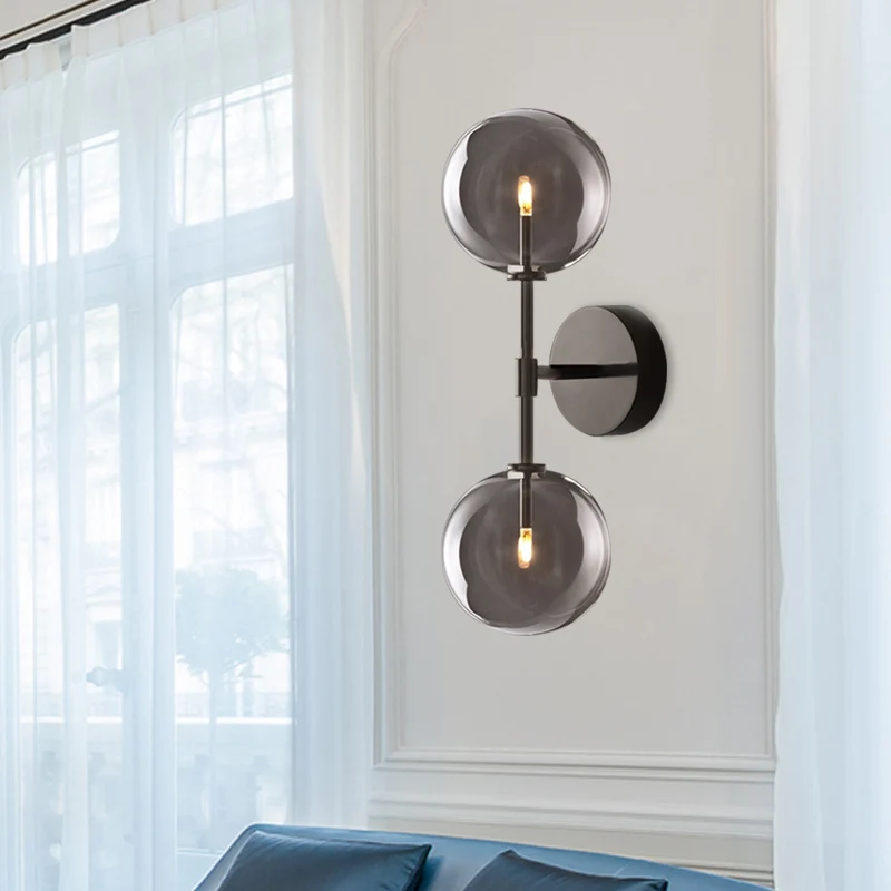 Zwart/messing afwerking hendel wandlamp vintage metallic 2 lampen schanslamp met helder/rookgrijze glazen kap Clearhalo