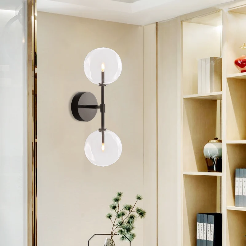Zwart/messing afwerking hendel wandlamp vintage metallic 2 lampen schanslamp met helder/rookgrijze glazen kap Clearhalo