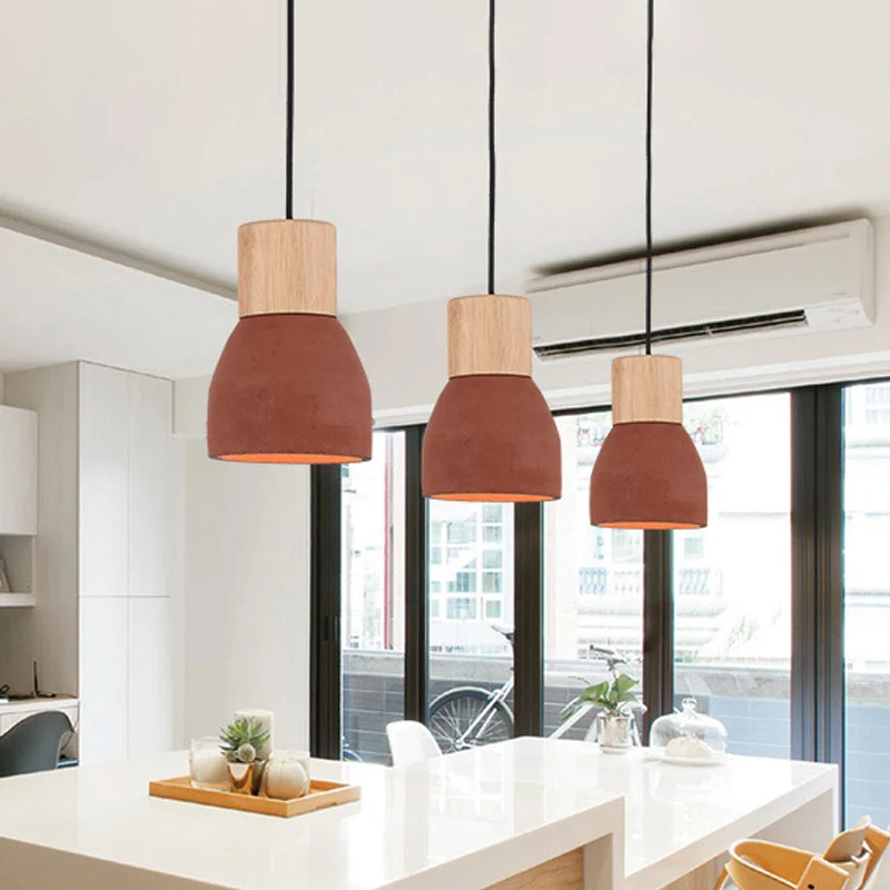 Zwart/Rood/Groen Kom Kleine Druppel Hanglamp Nordic 1 Kop Cement Plafond Hanglamp met Houten Fitting Clearhalo