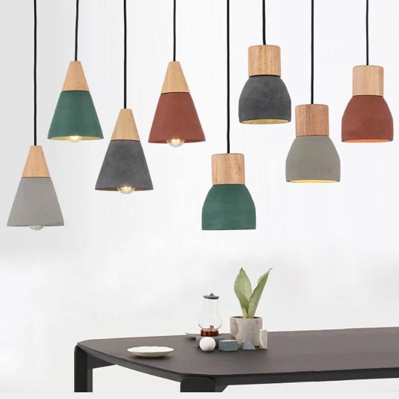 Zwart/Rood/Groen Kom Kleine Druppel Hanglamp Nordic 1 Kop Cement Plafond Hanglamp met Houten Fitting Clearhalo