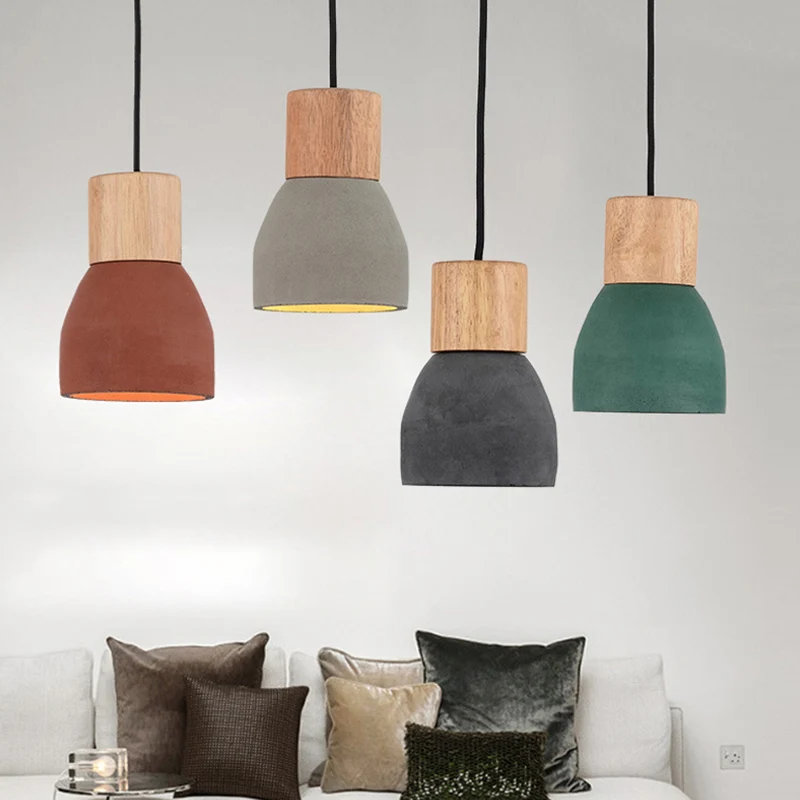 Zwart/Rood/Groen Kom Kleine Druppel Hanglamp Nordic 1 Kop Cement Plafond Hanglamp met Houten Fitting Clearhalo