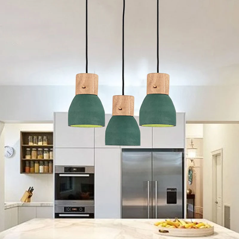 Zwart/Rood/Groen Kom Kleine Druppel Hanglamp Nordic 1 Kop Cement Plafond Hanglamp met Houten Fitting Clearhalo