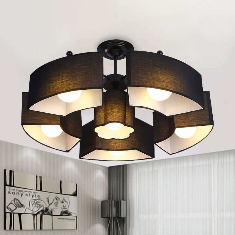 Zwart/wit gebogen blok inbouw hedendaagse 6-kops stoffen semi-gemonteerde verlichting voor woonkamer Clearhalo