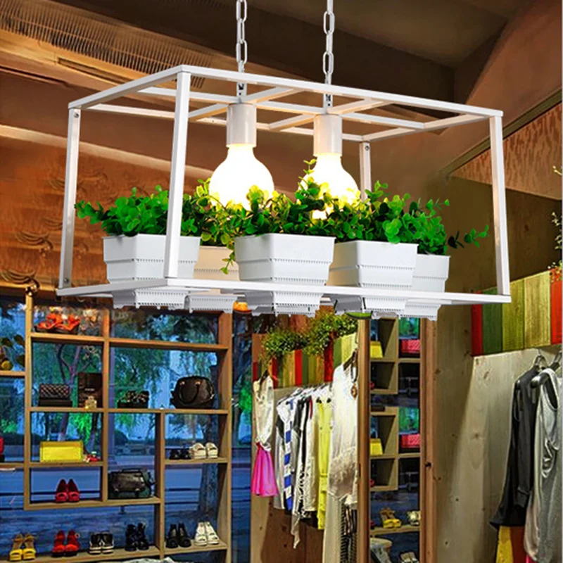 Zwart/Wit 2 Hoofden Eilandlamp Antiek Metaal Rechthoek Plant Hangend Plafondlamp voor Restaurant, 21,5"/25,5" Lang Clearhalo