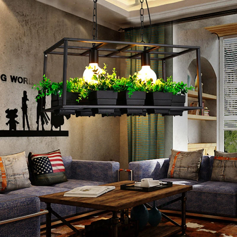 Zwart/Wit 2 Hoofden Eilandlamp Antiek Metaal Rechthoek Plant Hangend Plafondlamp voor Restaurant, 21,5"/25,5" Lang Clearhalo