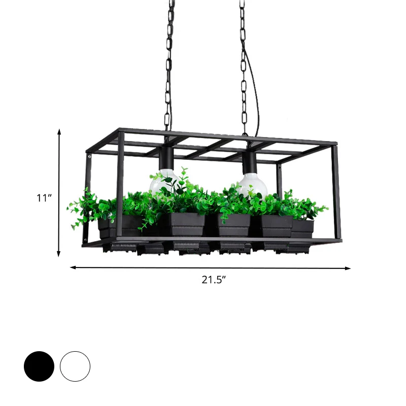 Zwart/Wit 2 Hoofden Eilandlamp Antiek Metaal Rechthoek Plant Hangend Plafondlamp voor Restaurant, 21,5"/25,5" Lang Clearhalo