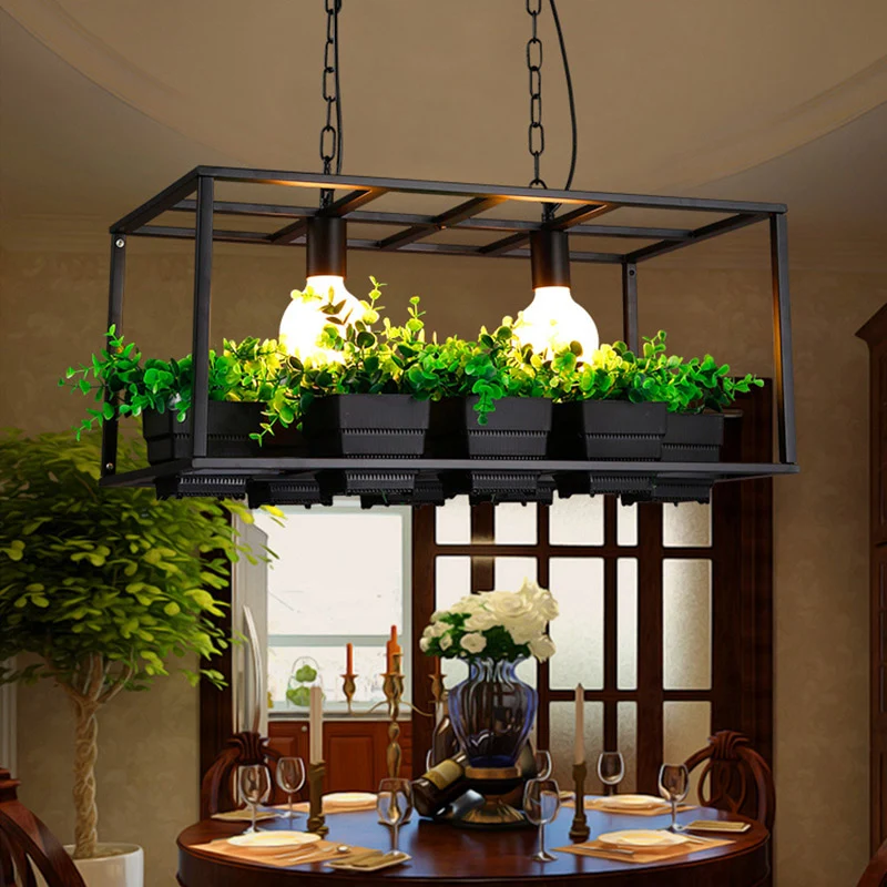 Zwart/Wit 2 Hoofden Eilandlamp Antiek Metaal Rechthoek Plant Hangend Plafondlamp voor Restaurant, 21,5"/25,5" Lang Clearhalo