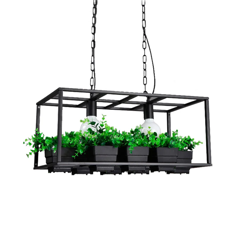 Zwart/Wit 2 Hoofden Eilandlamp Antiek Metaal Rechthoek Plant Hangend Plafondlamp voor Restaurant, 21,5"/25,5" Lang Clearhalo