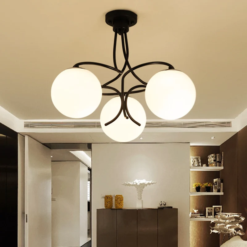 Zwart/wit rond semi-inbouwlicht traditioneel melkachtig glas 3/5 lichts woonkamer plafondlamp Clearhalo