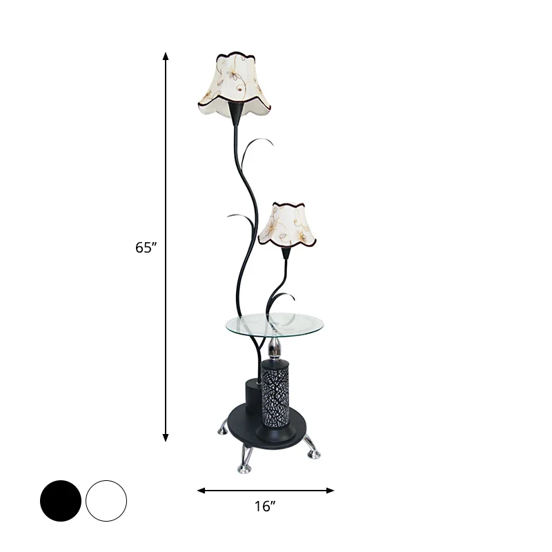 Zwart/wit staande lamp met 2 lampen, landelijke stijl, staande lamp met ijzeren tak en bloemenkap Clearhalo