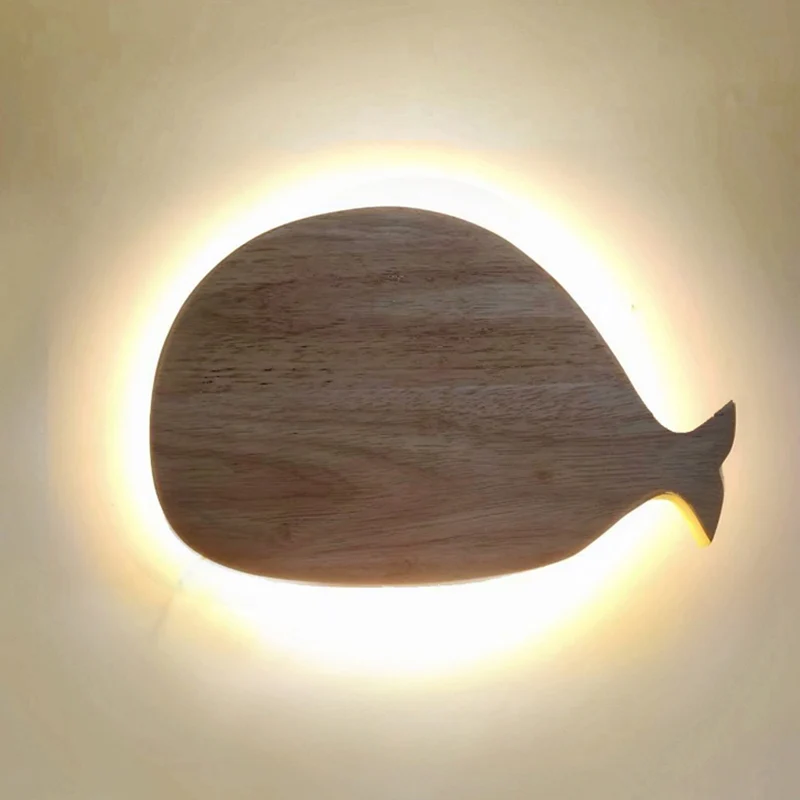 Zwart/Wit/Beige Walvis Wandverlichting Cartoon Houten LED Flush Wandkandelaar met/zonder Klok Warm/Wit Licht Clearhalo