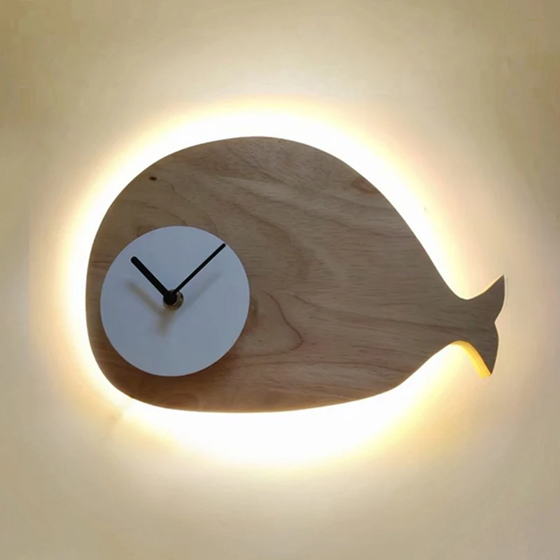 Zwart/Wit/Beige Walvis Wandverlichting Cartoon Houten LED Flush Wandkandelaar met/zonder Klok Warm/Wit Licht Clearhalo