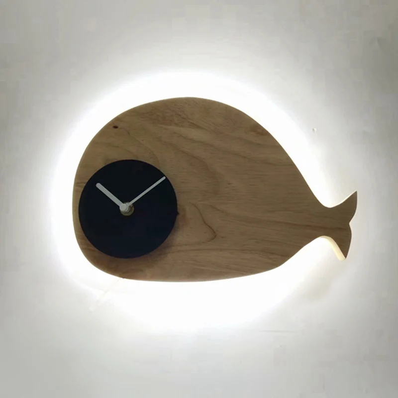 Zwart/Wit/Beige Walvis Wandverlichting Cartoon Houten LED Flush Wandkandelaar met/zonder Klok Warm/Wit Licht Clearhalo