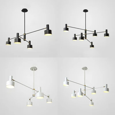 Zwart/witte Noordse kroonluchter met lange arm en trommelkap Metalen hangende verlichting voor woonkamer Hote Clearhalo