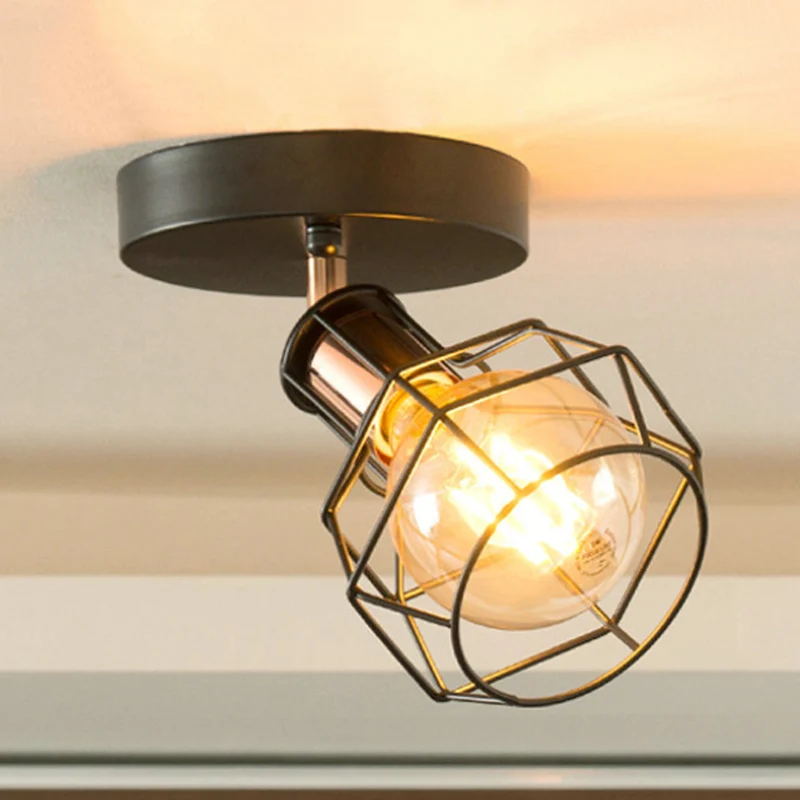 Zwart/witte plafondlamp met draadkooi, industrieel metaal, 1 lamp, semi-inbouwlamp voor slaapkamer Clearhalo